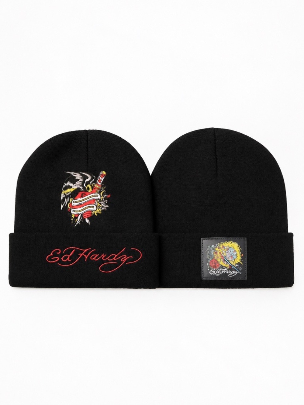 Ed Hardy 2pc Beanie Hat Set Black Skull Heart Tattoo Embroidered Logo NWT